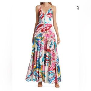 PatBO floral sleeveless maxi dress is a white flowy tiered color botanical